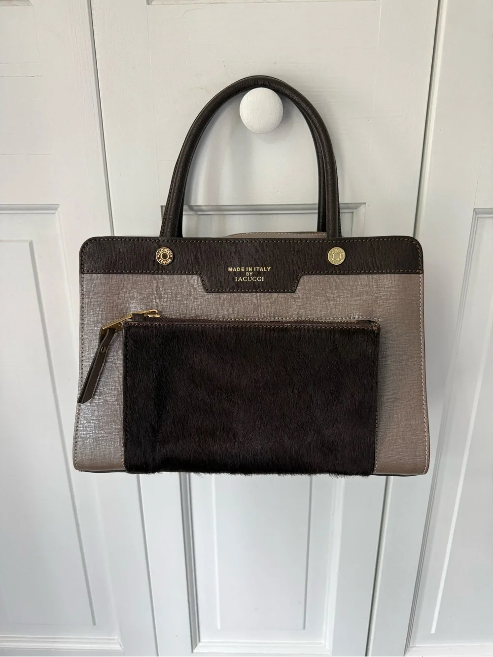 Stylish Taupe and Dark Brown Italian-Made Leather Iacucci Bag with Fur Pocket